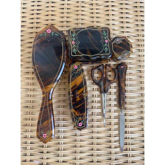 Antique 20's Faux Tortoise Carved Celluloid Painted Flowers Vanity set - Picture 1 of 15